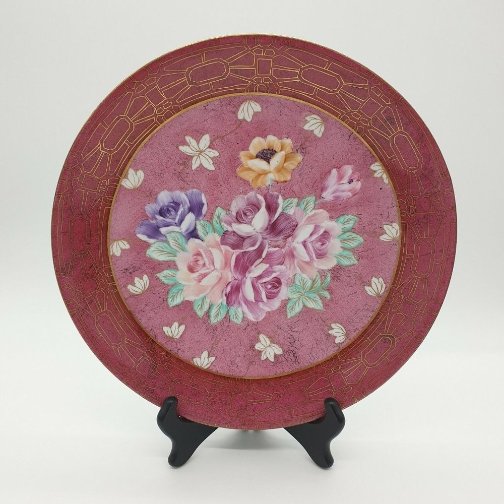 Toyo Trading New Country Gear Rose Plate 12" Hand Painted Collectable Rose Gold